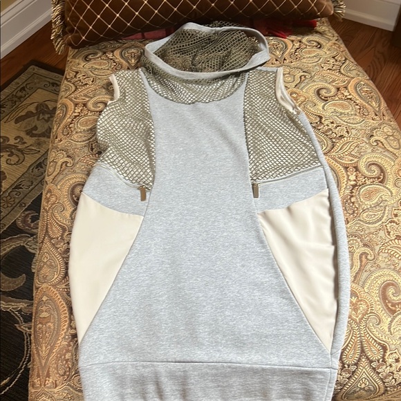 Gray and Cream Sleeveless Dress with Mesh Accents - Picture 1 of 5